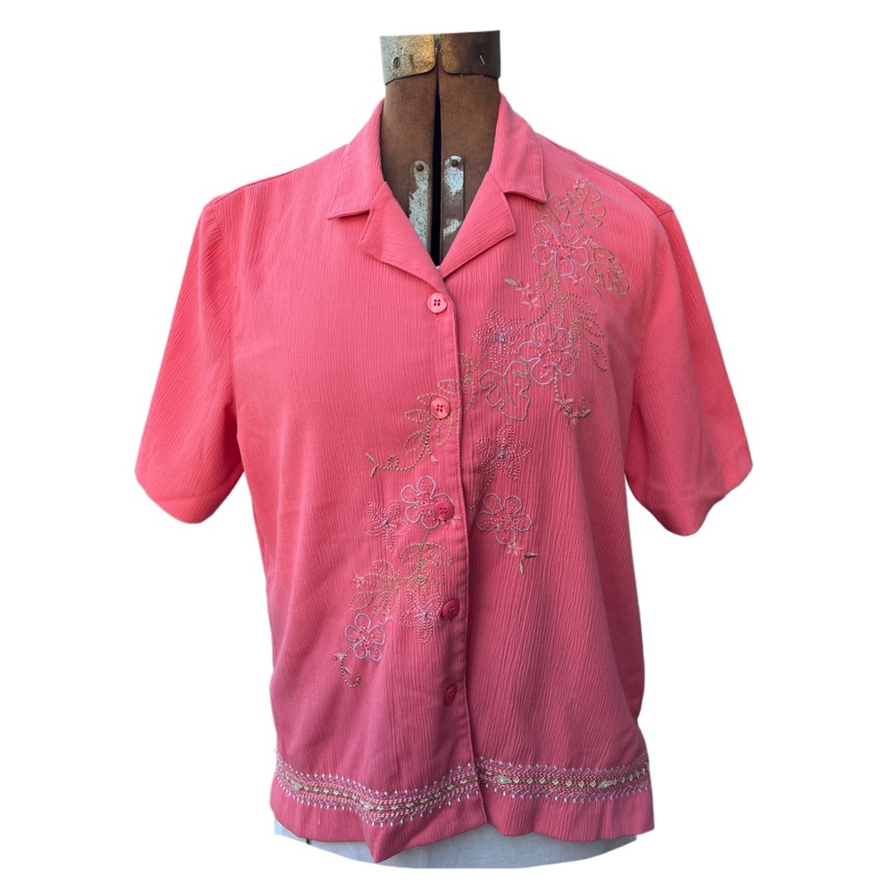 Alfred Dunner Pink button down short sleeve blouse with embroidered flowers 16p
